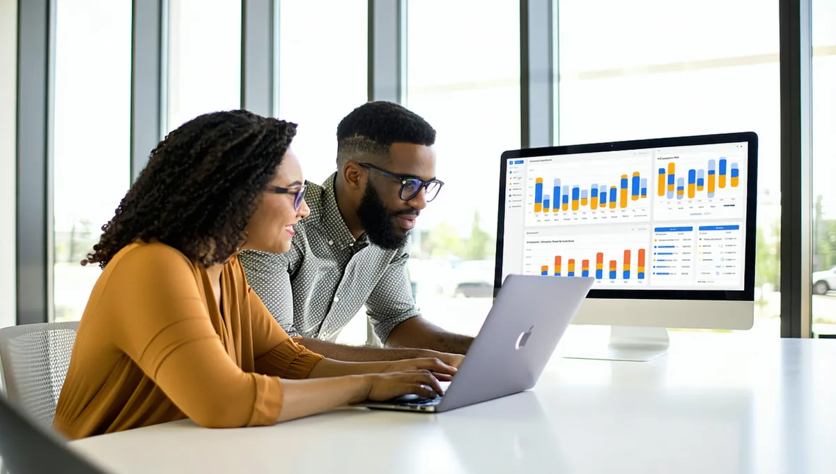 Growth and data team collaborating around a laptop reviewing marketing analytics dashboards