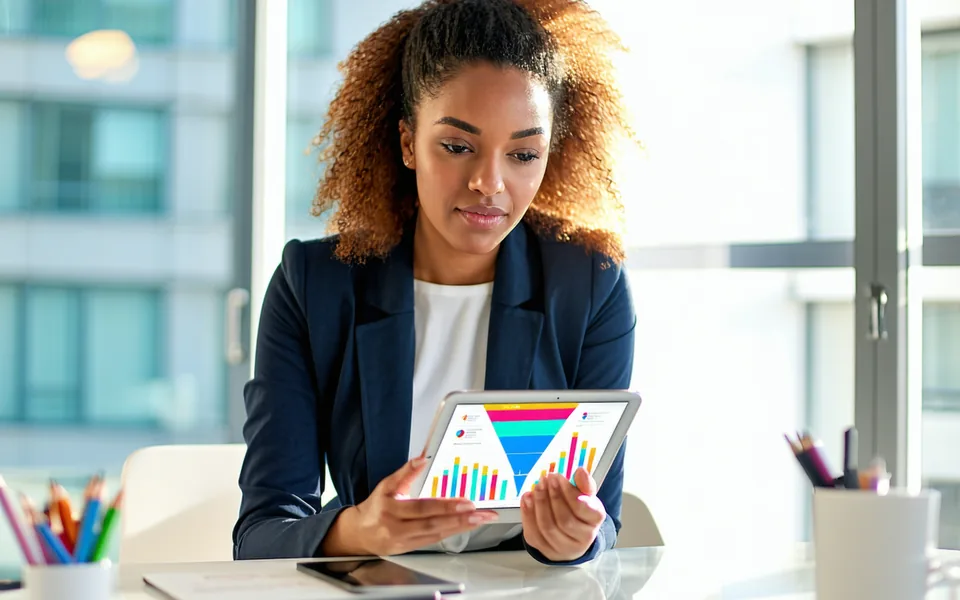 Marketing analyst reviewing high-intent audience segments on a tablet with ad performance charts